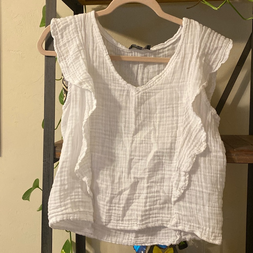 Michael Stars White Ruffled Gauze V-Neck Tank